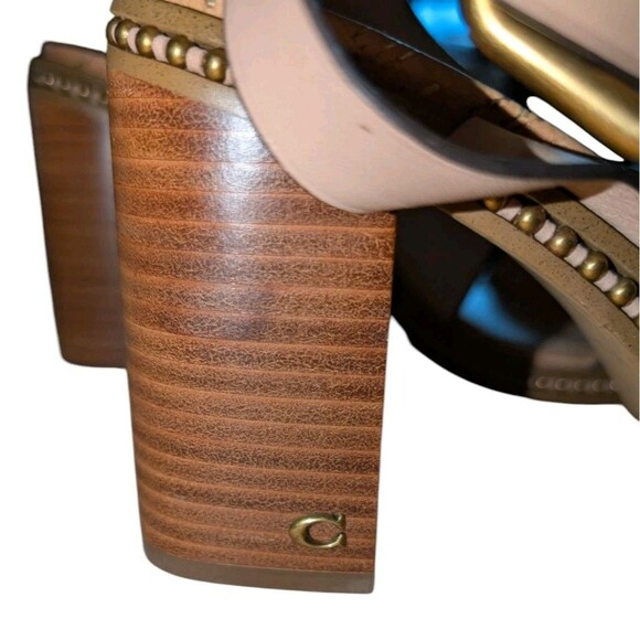 EUC COACH Mandy Sandals - Studded Beige & Gold Metallic Leather Heels - Sz 9.5 - Picture 5 of 16